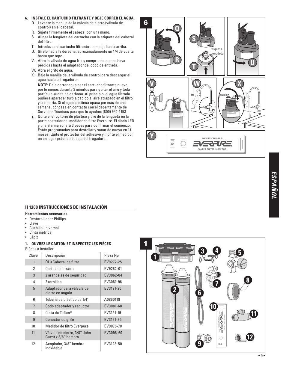 Qr s t, Vw y, Es pa ñ o l | Everpure H-300 User Manual | Page 9 / 16