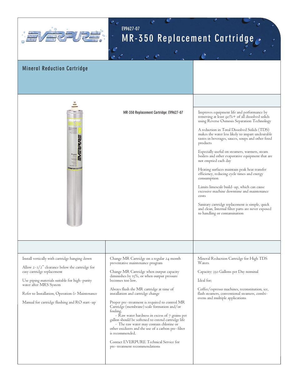 Everpure MR-350 Replacement Cartridge EV9627-07 User Manual | 2 pages