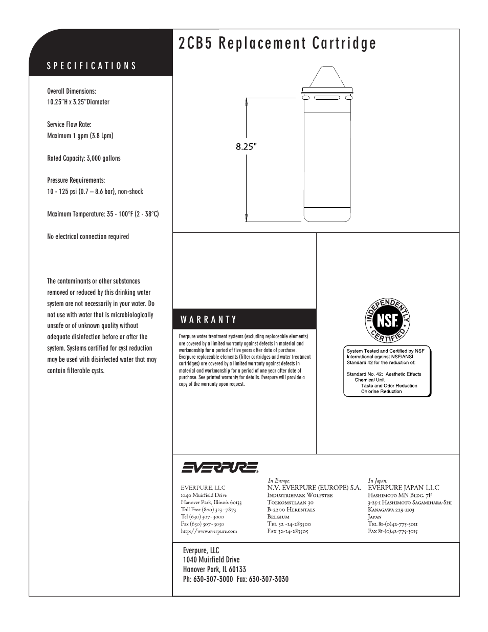 2cb5 replacement cartridge, Carbon block replacement cartridge | Everpure EV9617-05 User Manual | Page 2 / 2