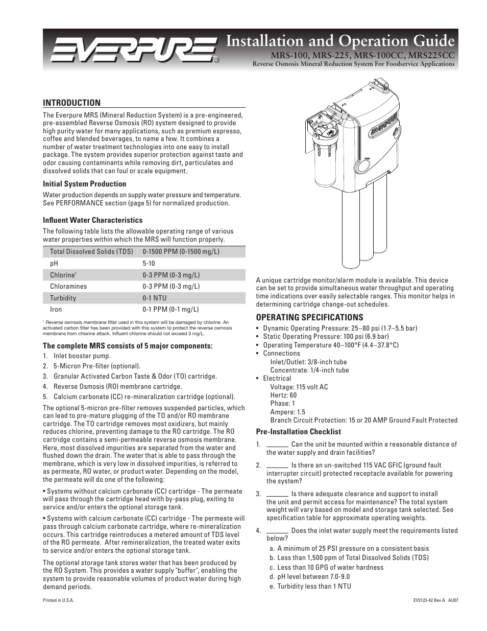 Everpure MRS Reverse Osmosis System MRS-100CC User Manual | 8 pages