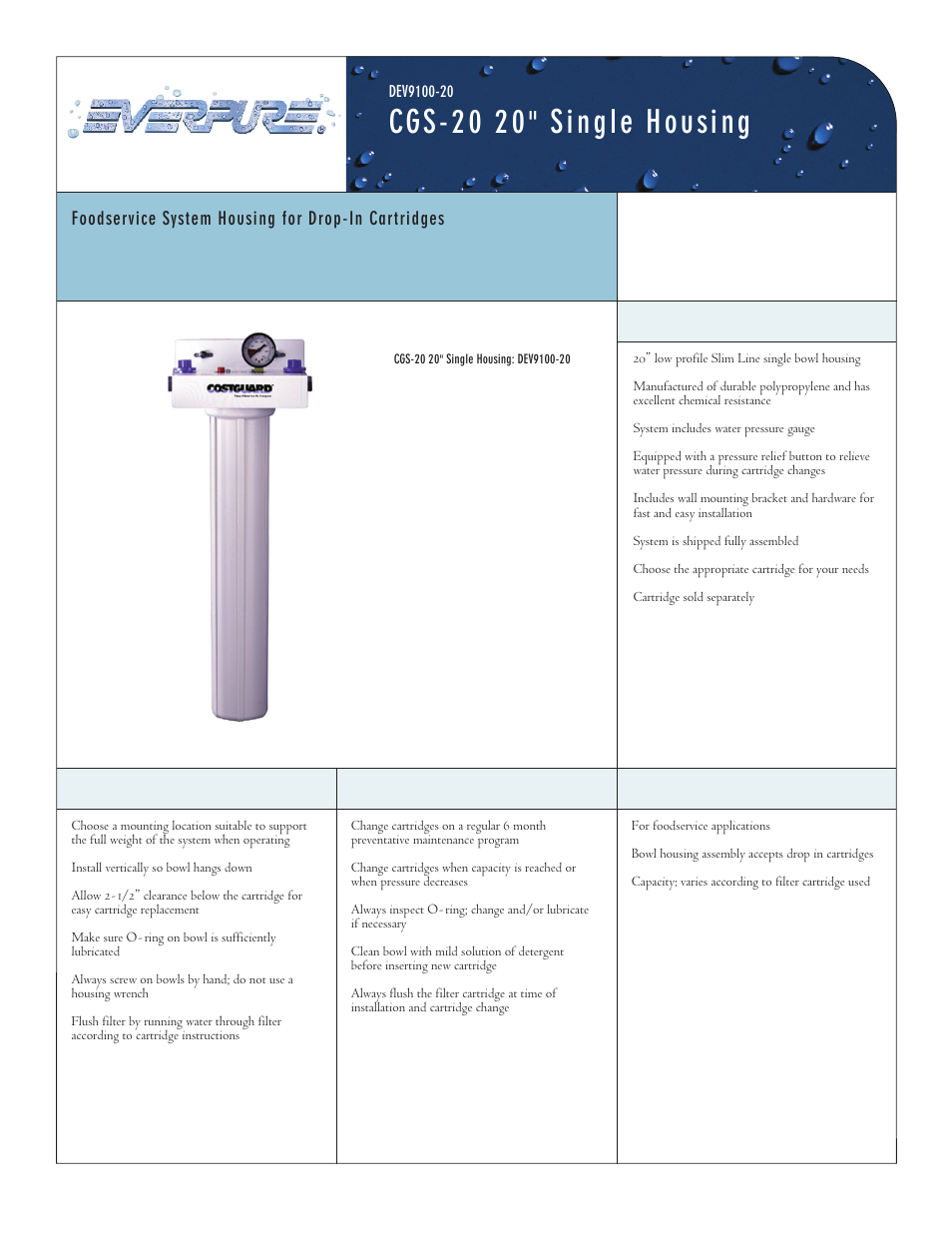 Everpure CGS-20 20" Single Housing DEV9100-20 User Manual | 2 pages