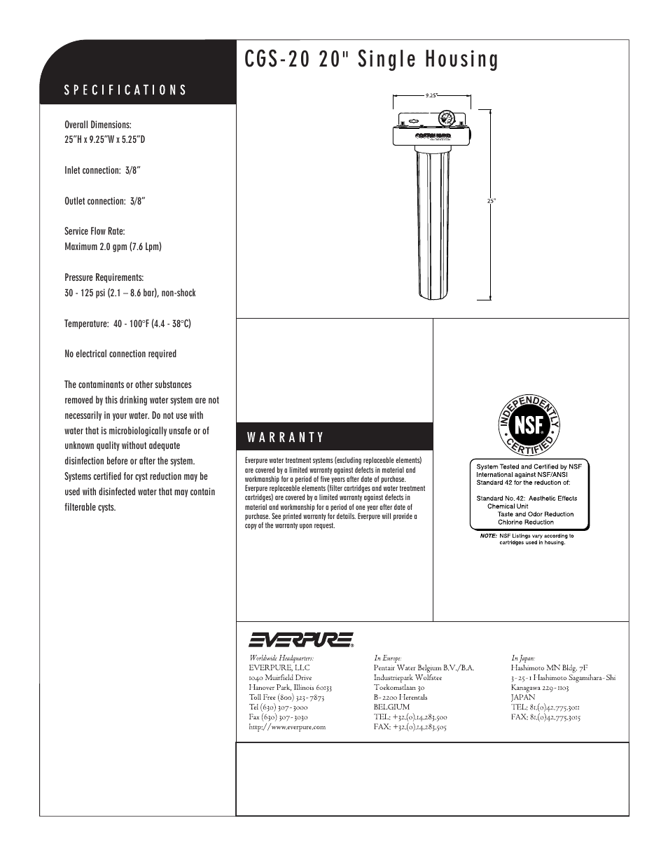 Cgs-20 20" single housing | Everpure CGS-20 20" Single Housing DEV9100-20 User Manual | Page 2 / 2