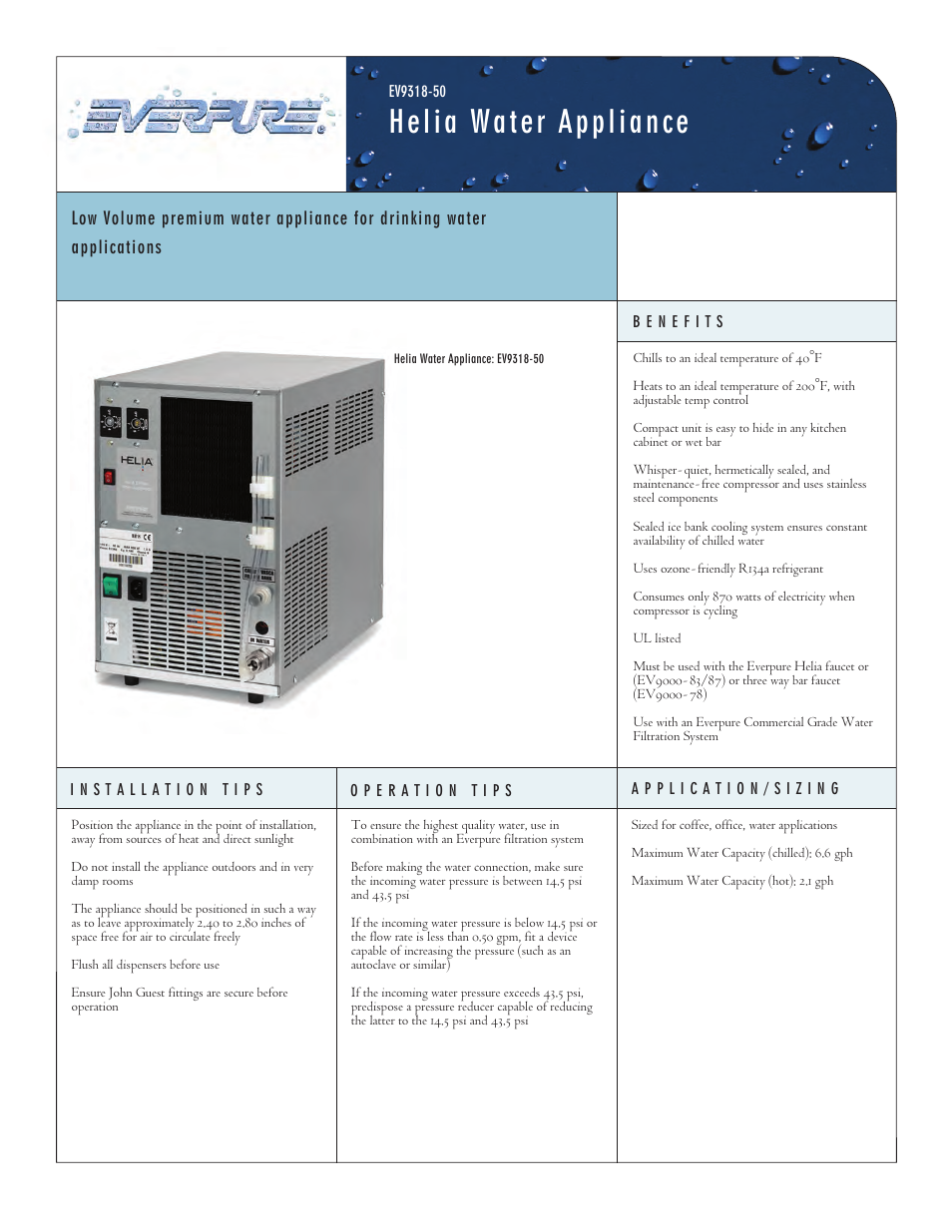 Everpure Helia Water Appliance EV9318-50 User Manual | 2 pages