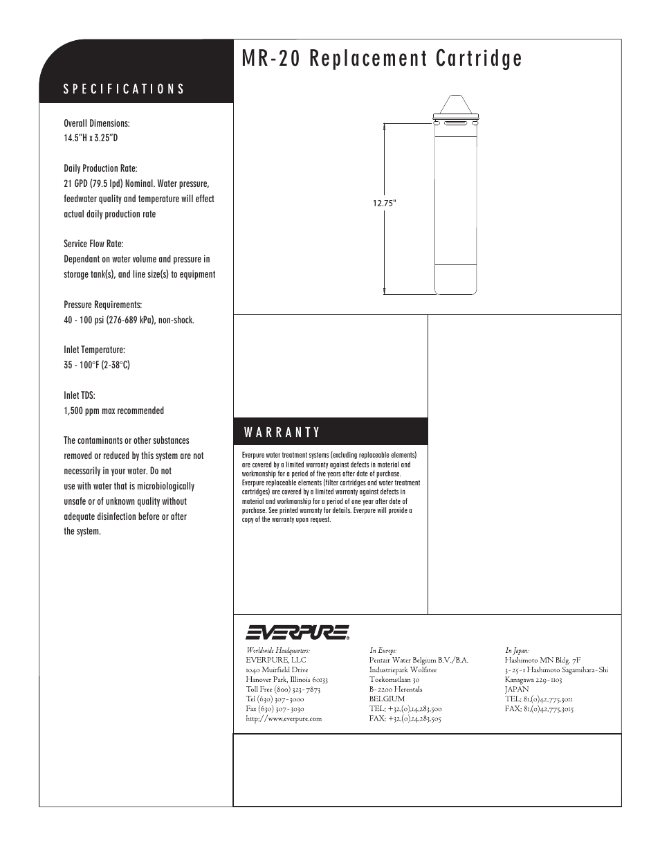Mr-20 replacement cartridge, Mineral reduction cartridge | Everpure MR-20 User Manual | Page 2 / 2