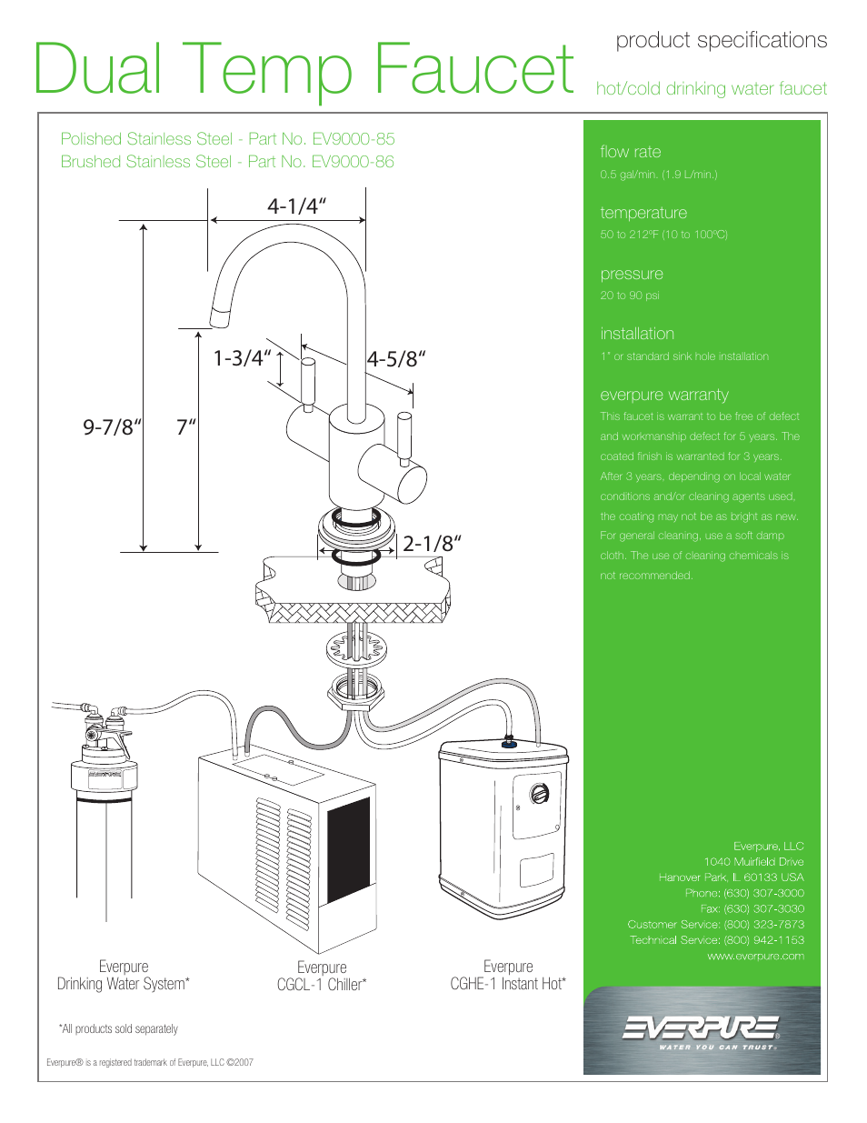 Dual temp faucet, Product specifications | Everpure Dual Temp Faucet User Manual | Page 2 / 2