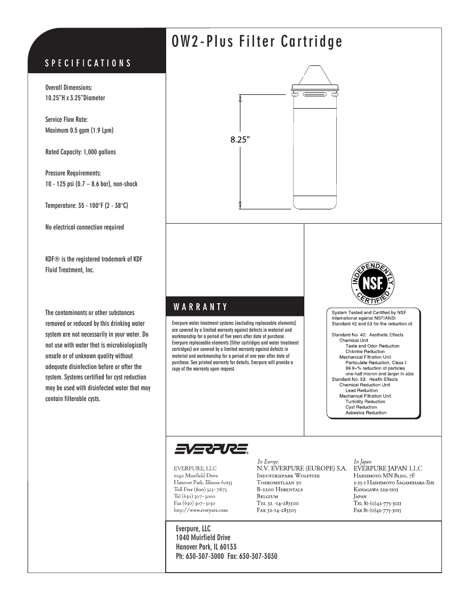 Ow2-plus filter cartridge, Precoat replacement cartridge | Everpure OW2-Plus Filter Cartridge EV9634-01 User Manual | Page 2 / 2