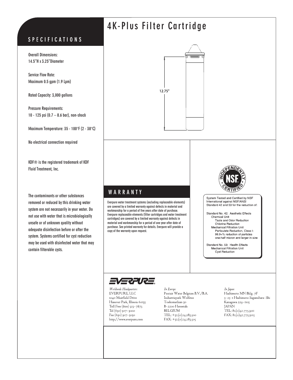 4k-plus filter cartridge, Precoat replacement cartridge with kdf® media | Everpure EV9612-71 User Manual | Page 2 / 2