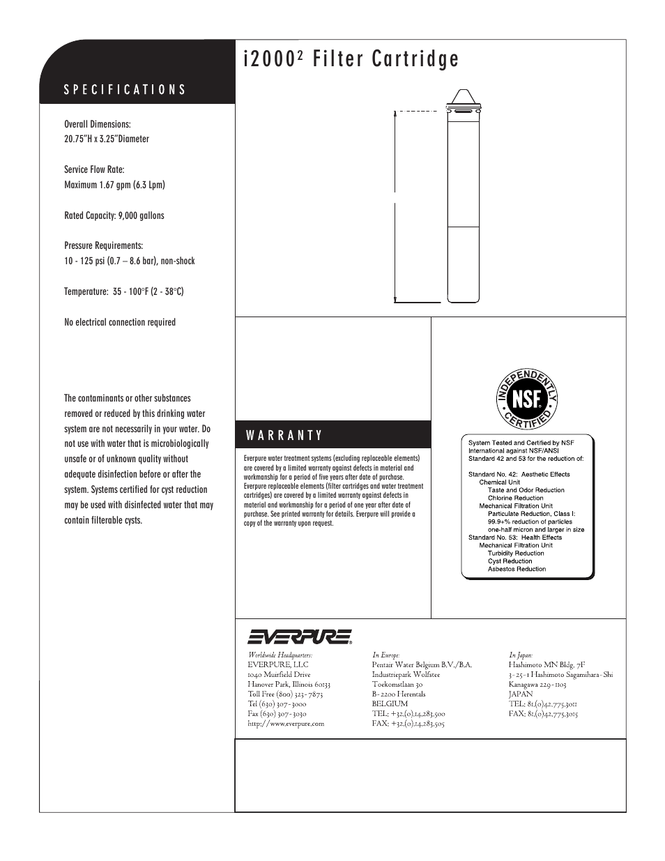 I2000² filter cartridge, I2000² replacement cartridge | Everpure Filter Cartridge i20002 User Manual | Page 2 / 2