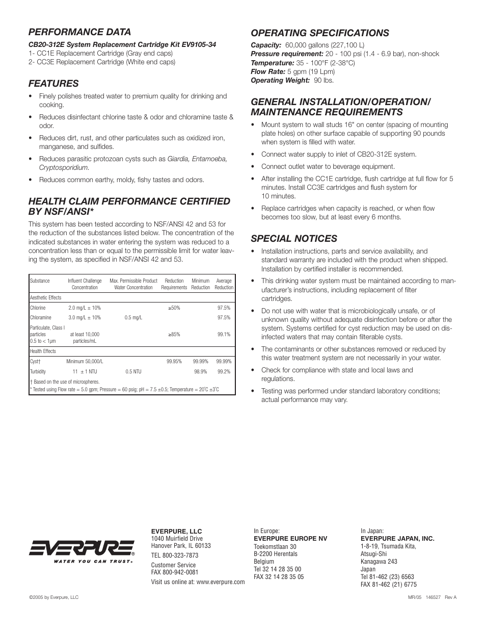 Performance data, Features, Health claim performance certified by nsf/ansi | Operating specifications, Special notices | Everpure CB20-312E User Manual | Page 2 / 2