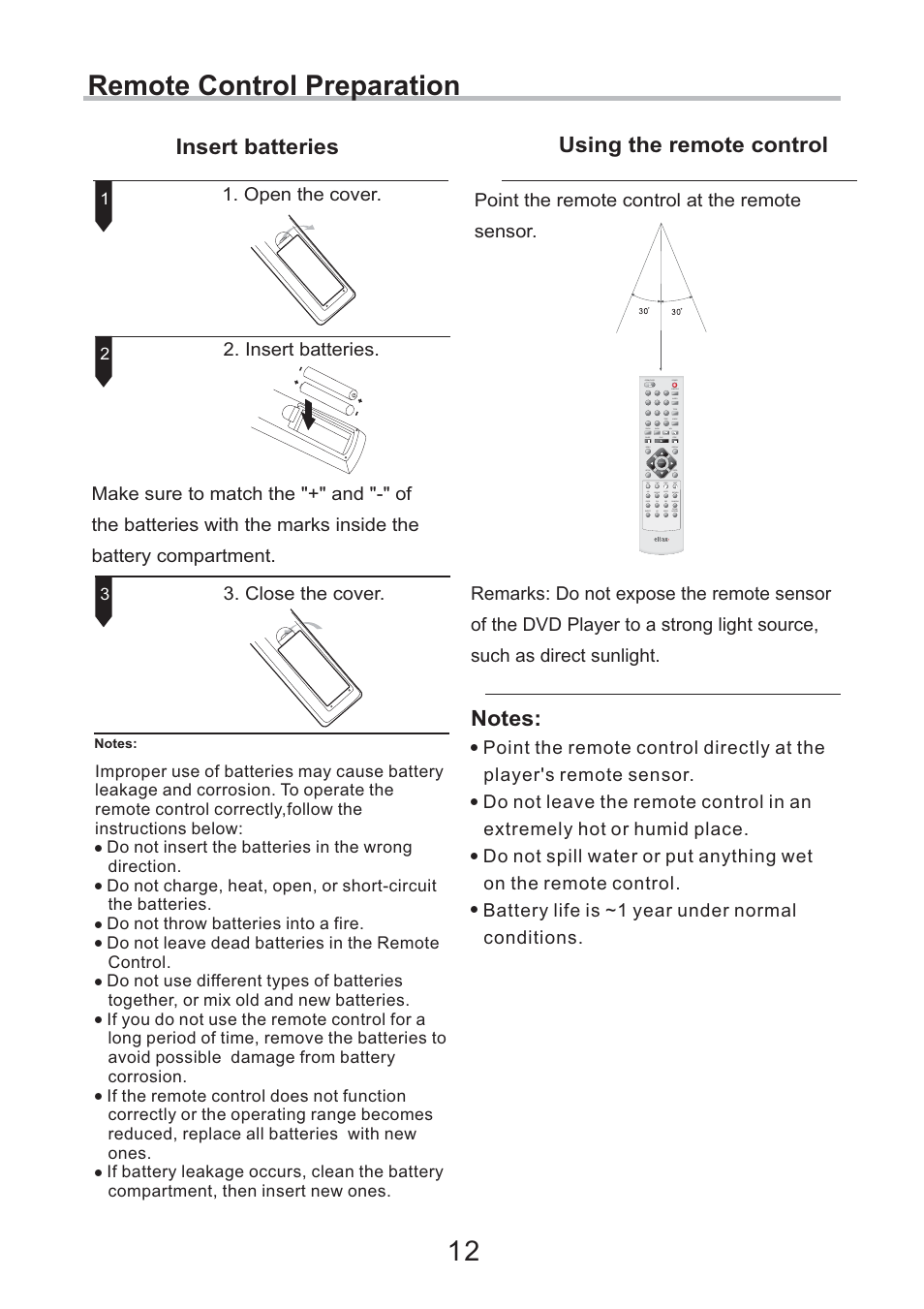 Remote control preparation 12, Insert batteries using the remote control | Eltax DV-252 User Manual | Page 12 / 40