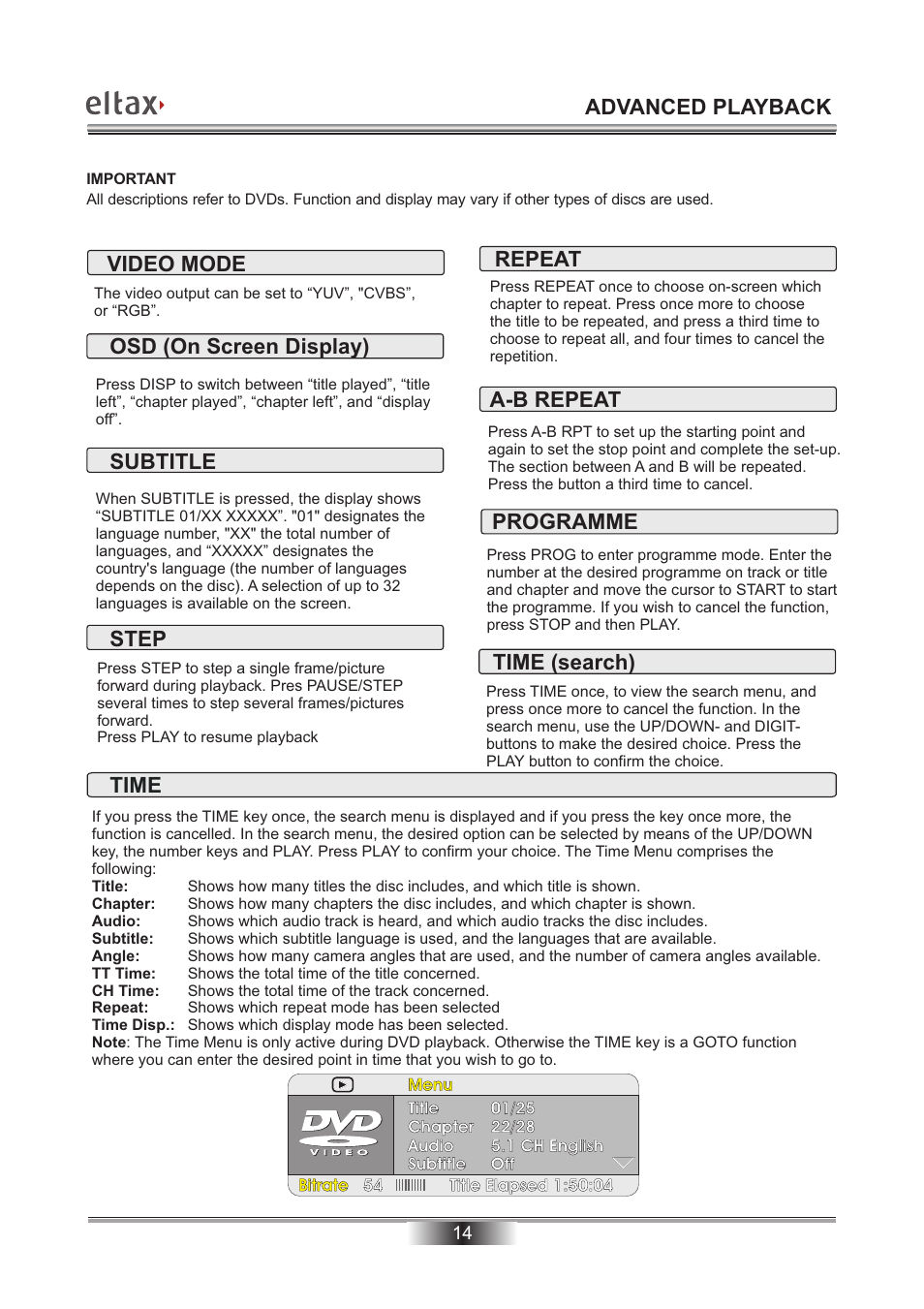 Advanced playback, Video mode, Osd (on screen display) | Subtitle, Repeat, A-b repeat, Programme, Step, Time (search), Time | Eltax Millennium DV-300 DivX User Manual | Page 15 / 28