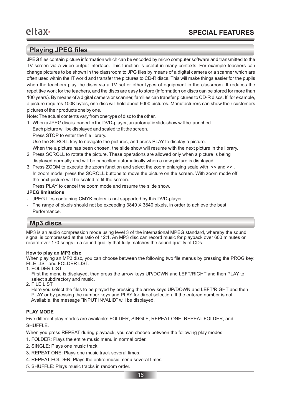 Special features, Playing jpeg files, Mp3 discs | Eltax Millennium DV-300 DivX User Manual | Page 17 / 28