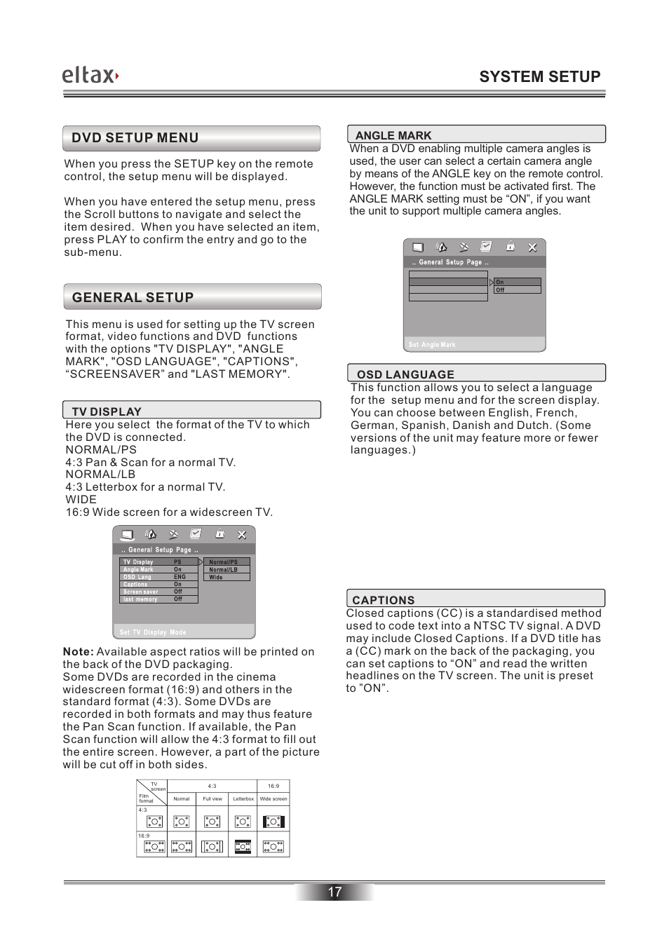 System setup, General setup, Dvd setup menu | Eltax Millennium DV-300 DivX User Manual | Page 18 / 28