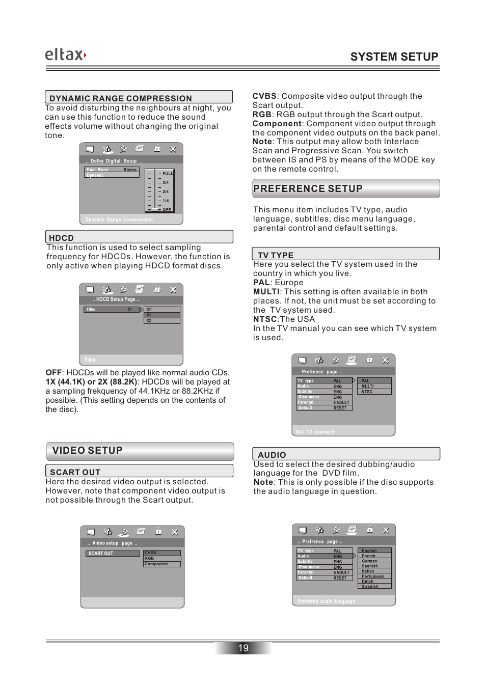 System setup, 19 preference setup, Video setup | Eltax Millennium DV-300 DivX User Manual | Page 20 / 28