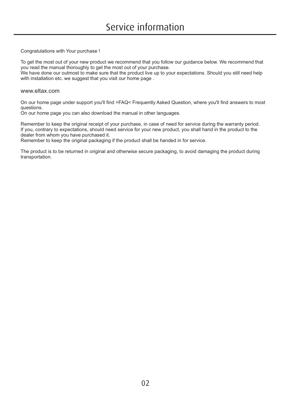 Service information | Eltax Millennium Mini User Manual | Page 2 / 16