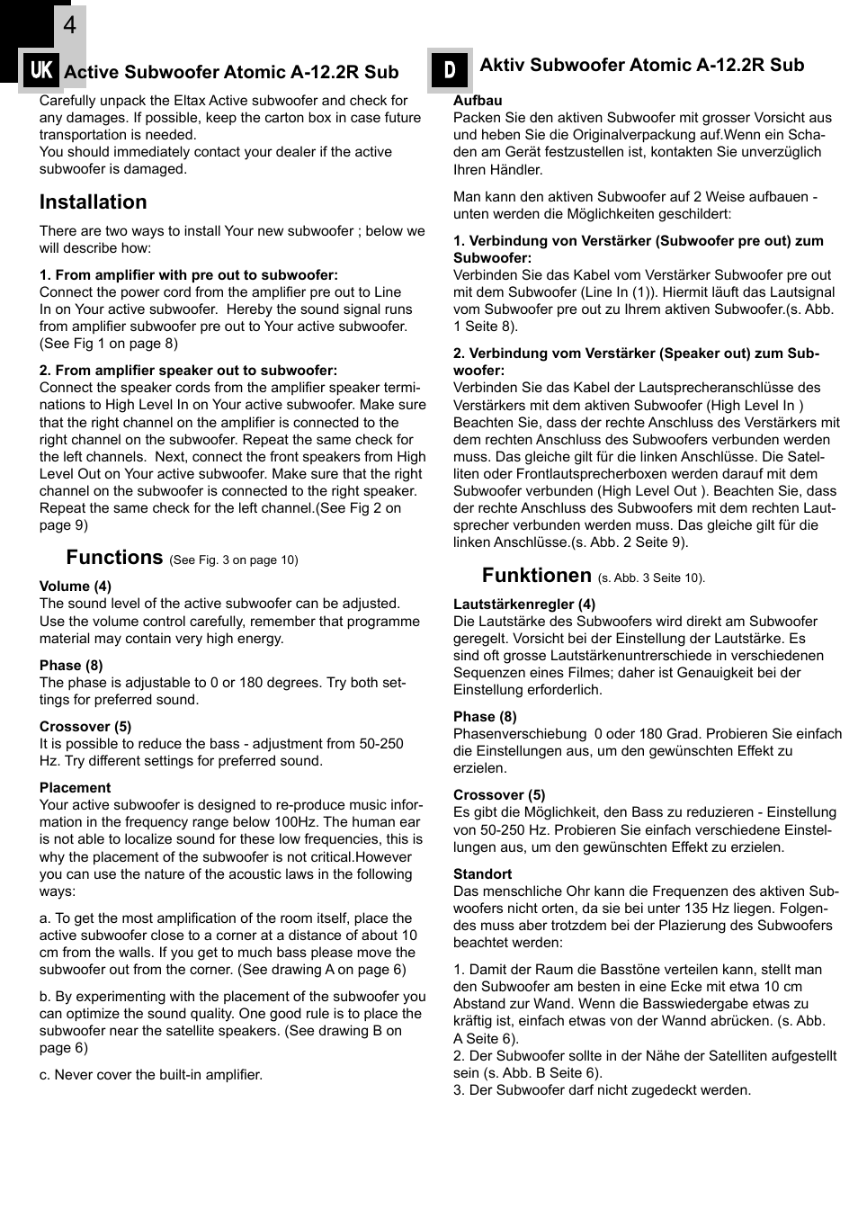 Uk d, Funktionen, Installation | Functions, Aktiv subwoofer atomic a-12.2r sub, Active subwoofer atomic a-12.2r sub | Eltax Atomic A-12.2R User Manual | Page 4 / 12