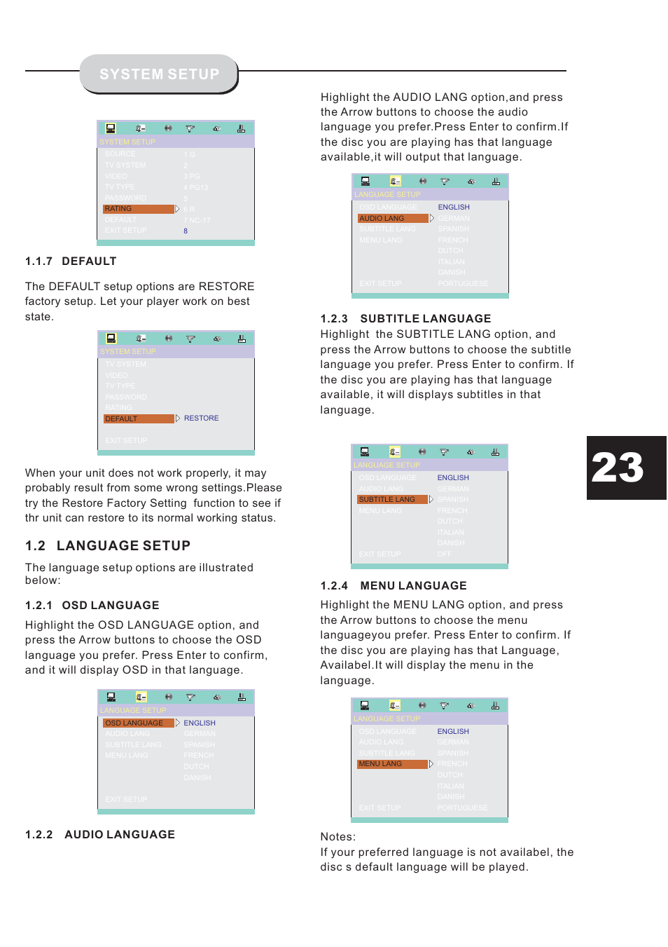 System setup, 2 language setup | Eltax HT-153 User Manual | Page 23 / 32
