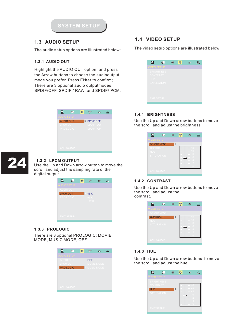 System setup, 4 video setup, 3 audio setup | The video setup options are illustrated below | Eltax HT-153 User Manual | Page 24 / 32