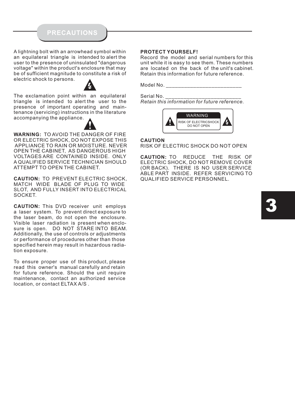 Precautions | Eltax HT-153 User Manual | Page 3 / 32