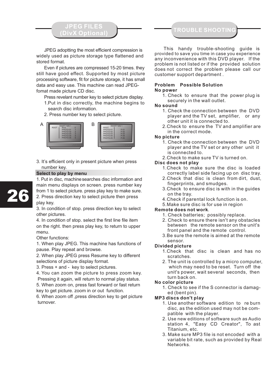 Jpeg files (divx optional), Trouble shooting | Eltax DR-109 User Manual | Page 28 / 32