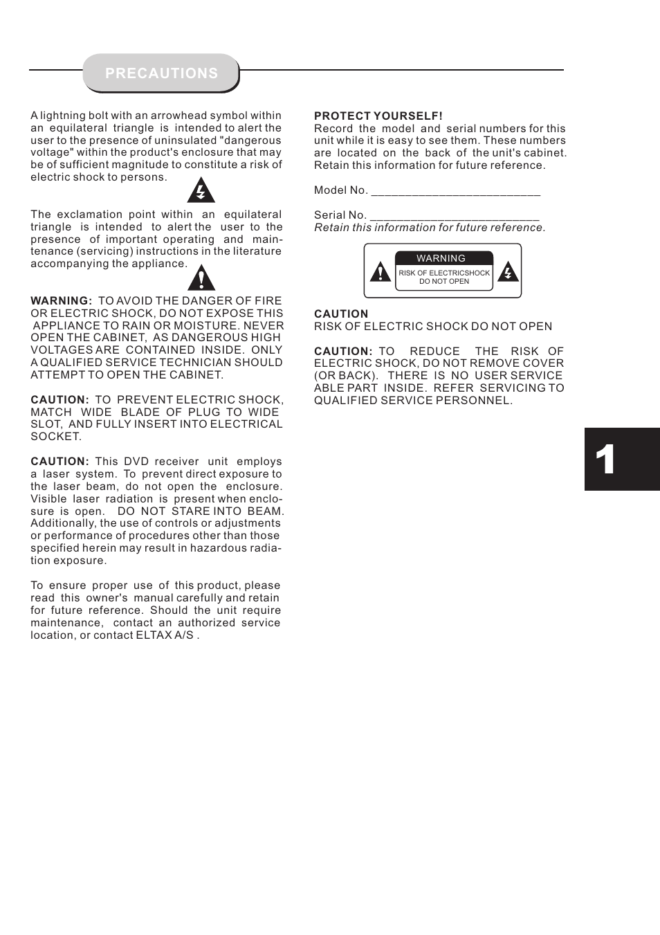 Precautions | Eltax DR-109 User Manual | Page 3 / 32