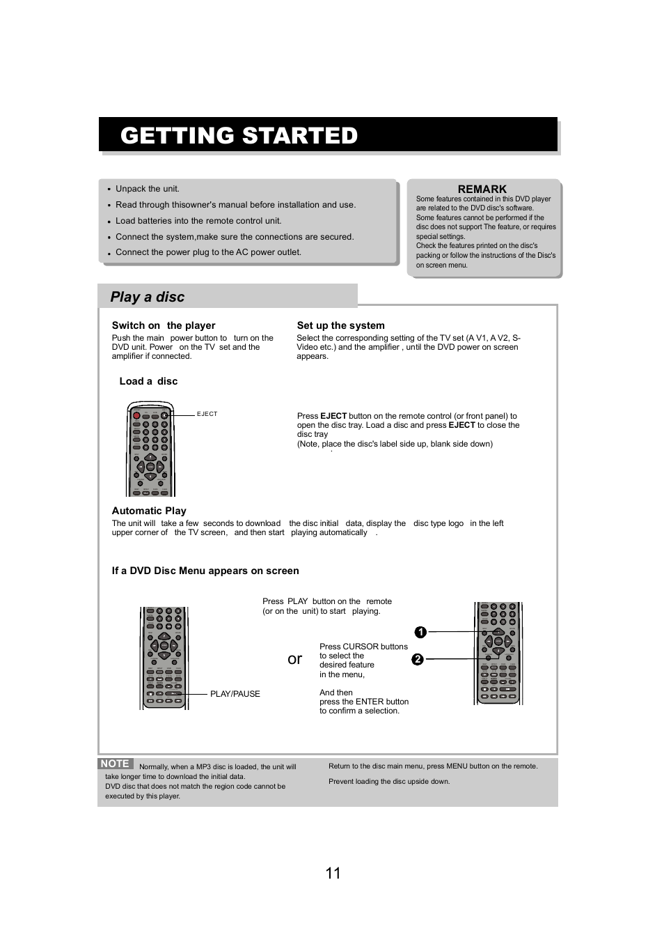Getting started, Play a disc, Remark | Set up the system, Load a disc, Automatic play, If a dvd disc menu appears on screen, Play/pause | Eltax DV-150 User Manual | Page 11 / 32
