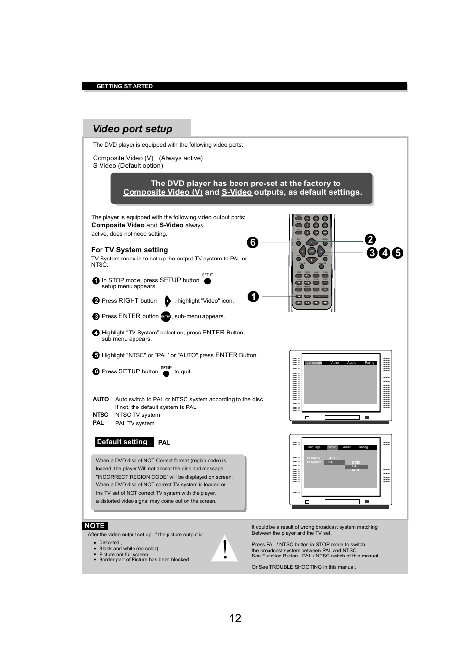 Video port setup, Default setting, For tv system setting | Composite video s-video and, Setup, Enter, Right | Eltax DV-150 User Manual | Page 12 / 32
