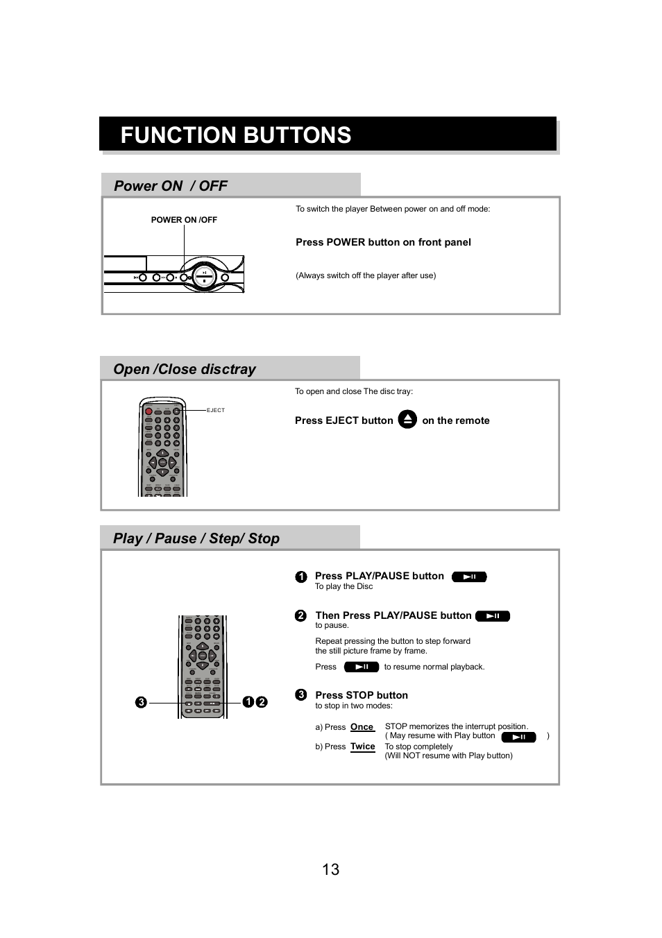Function buttons, Play / pause / step/ stop, Power on / off | Open /close disctray, Press play/pause button, Then press p play/ ause button, Press stop button, Press power button on front panel, Press eject button on the remote, Once | Eltax DV-150 User Manual | Page 13 / 32