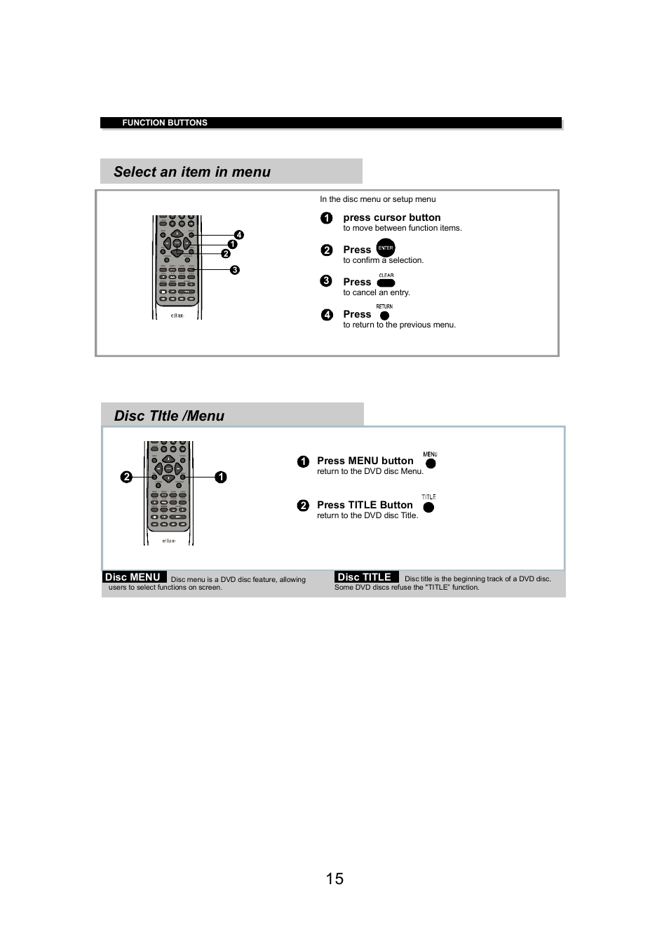 Disc title /menu, Select an item in menu, Disc menu press menu button | Press title button, 12 disc title, Press cursor button, Press, Function buttons, Return to the dvd disc menu, Return to the dvd disc title | Eltax DV-150 User Manual | Page 15 / 32
