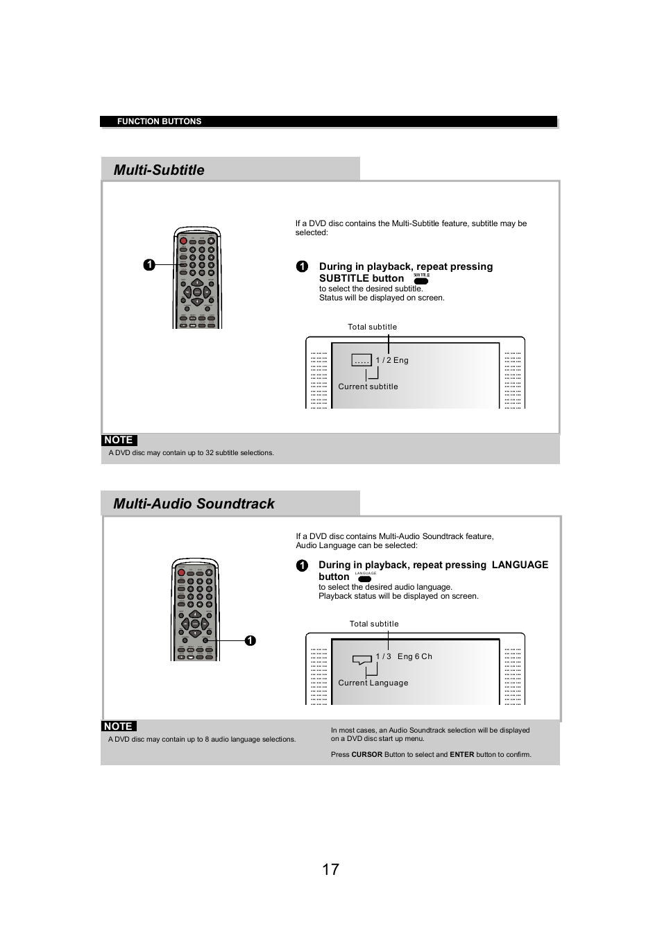 Multi-subtitle, Multi-audio soundtrack, 1 / 2 eng current subtitle total subtitle | 1 / 3 eng 6 ch current language total subtitle | Eltax DV-150 User Manual | Page 17 / 32