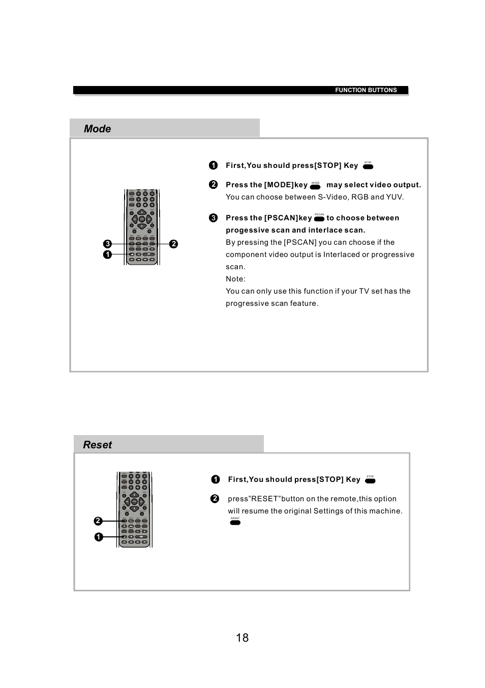 Mode, Reset, First,you should press[stop] key 1 2 | Function buttons | Eltax DV-150 User Manual | Page 18 / 32