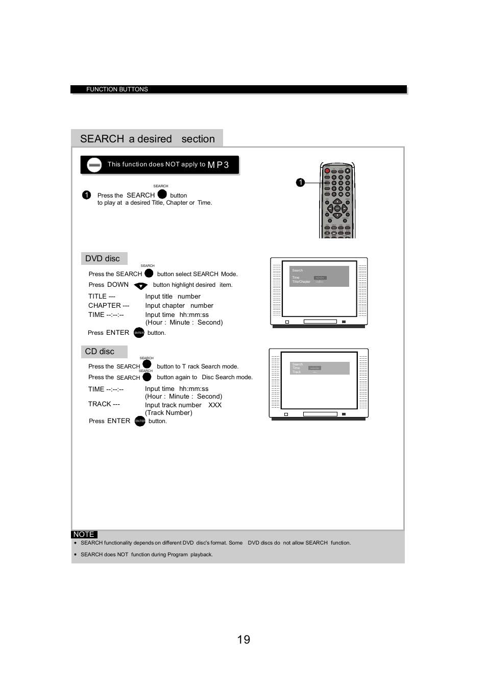 M p 3, Dvd disc, Cd disc | Enter, Title --- chapter --- time, Input time hh:mm:ss (hour : minute : second), Down, Hour : minute : second), Search, This functi on does not apply to | Eltax DV-150 User Manual | Page 19 / 32