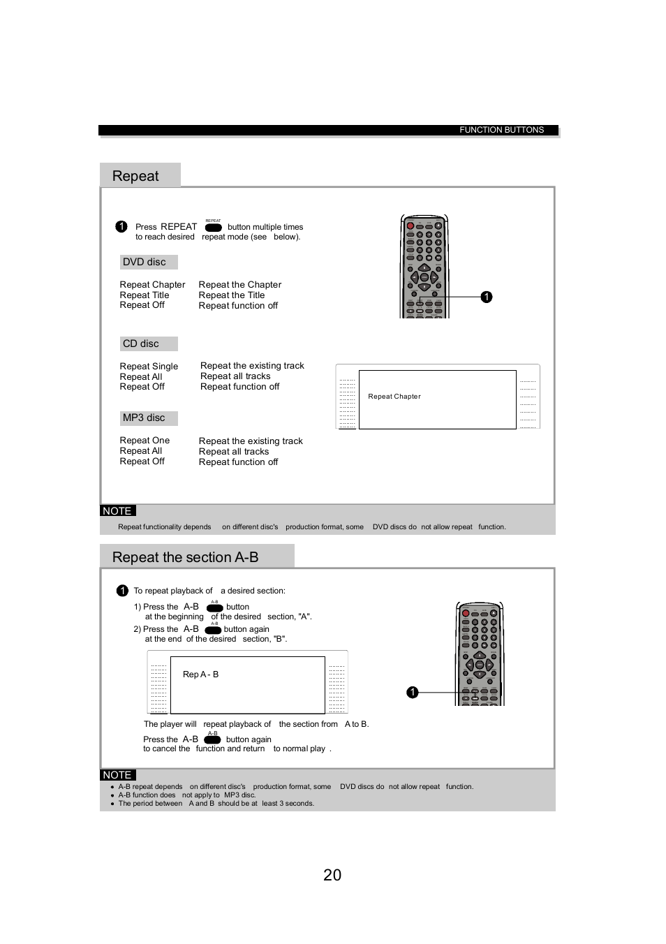 Repeat, Dvd disc, Mp3 disc | Cd disc, Repeat single repeat all repeat off, Rep a - b, Press, 2) press the, Function buttons | Eltax DV-150 User Manual | Page 20 / 32