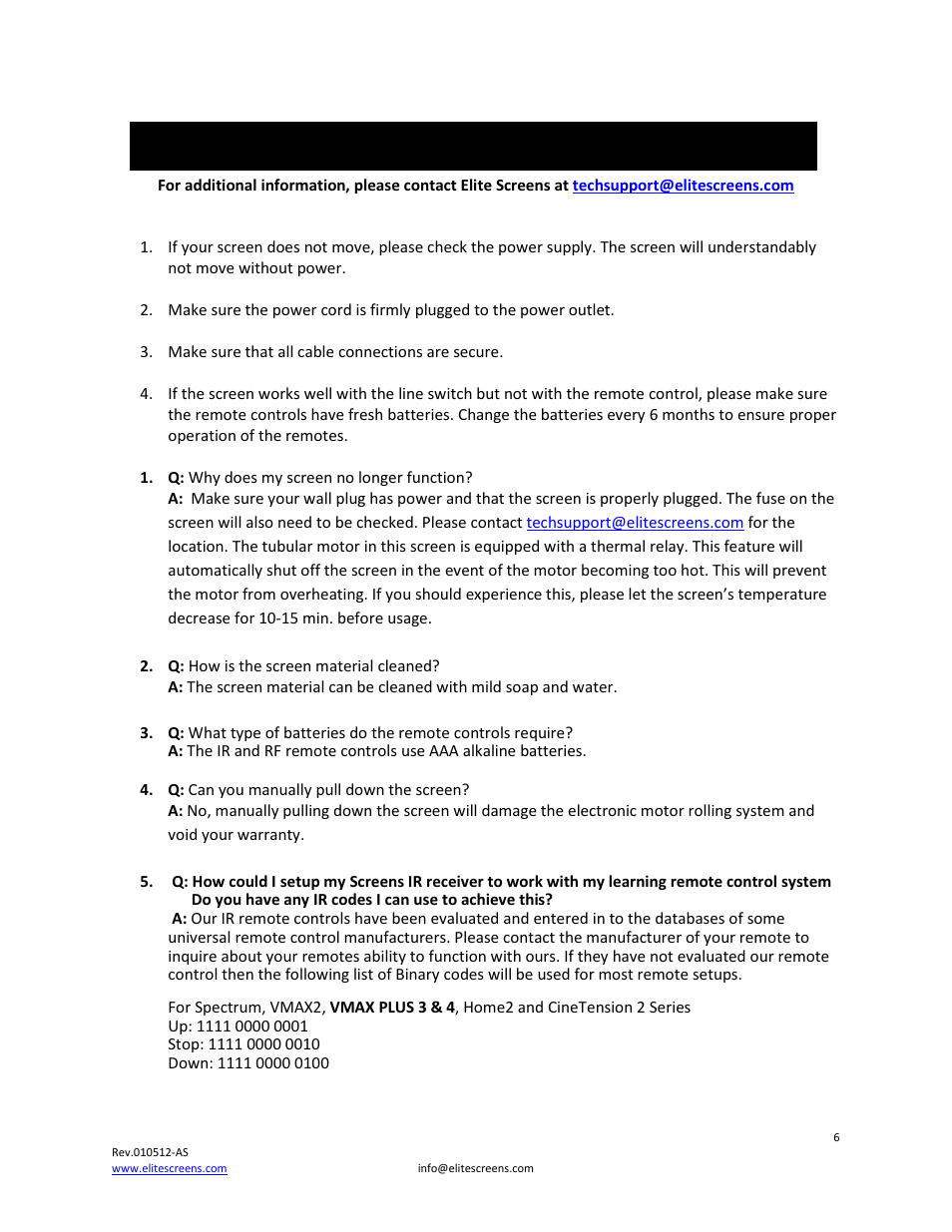 Troubleshooting & faq’s | Elite Screens Vmax Plus 4 User Manual | Page 6 / 9