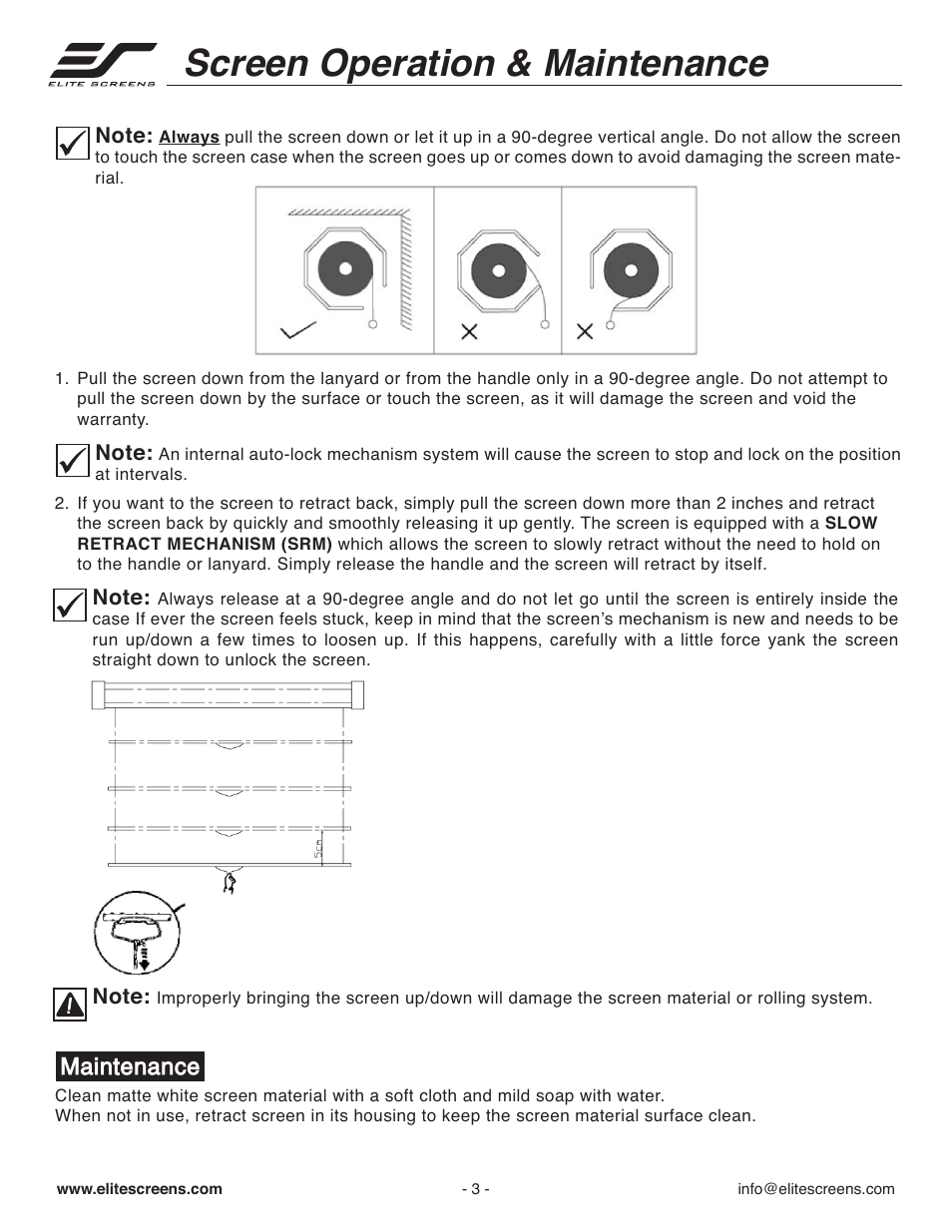 Ug_manual_srm_p03, Screen operation & maintenance, Maintenance | Elite Screens M84NWV-SRM User Manual | Page 3 / 8