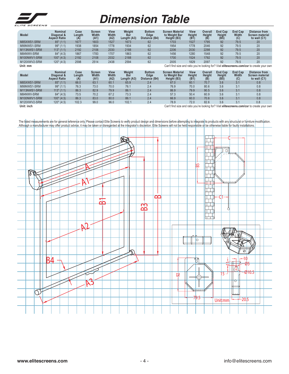 Ug_manual_srm_p04, Dimension table | Elite Screens M84NWV-SRM User Manual | Page 4 / 8