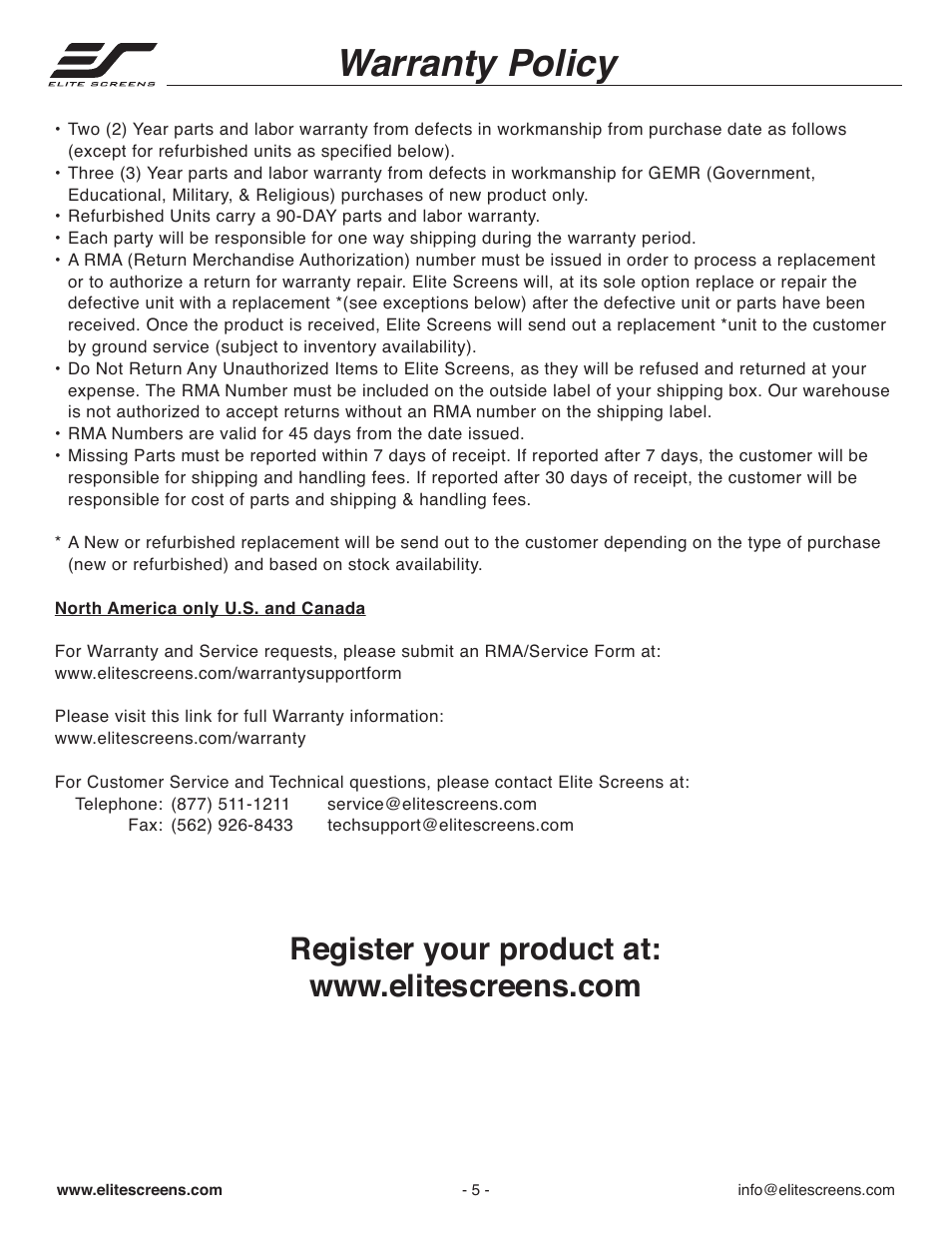 Ug_manual_srm_p05, Warranty policy | Elite Screens M84NWV-SRM User Manual | Page 5 / 8