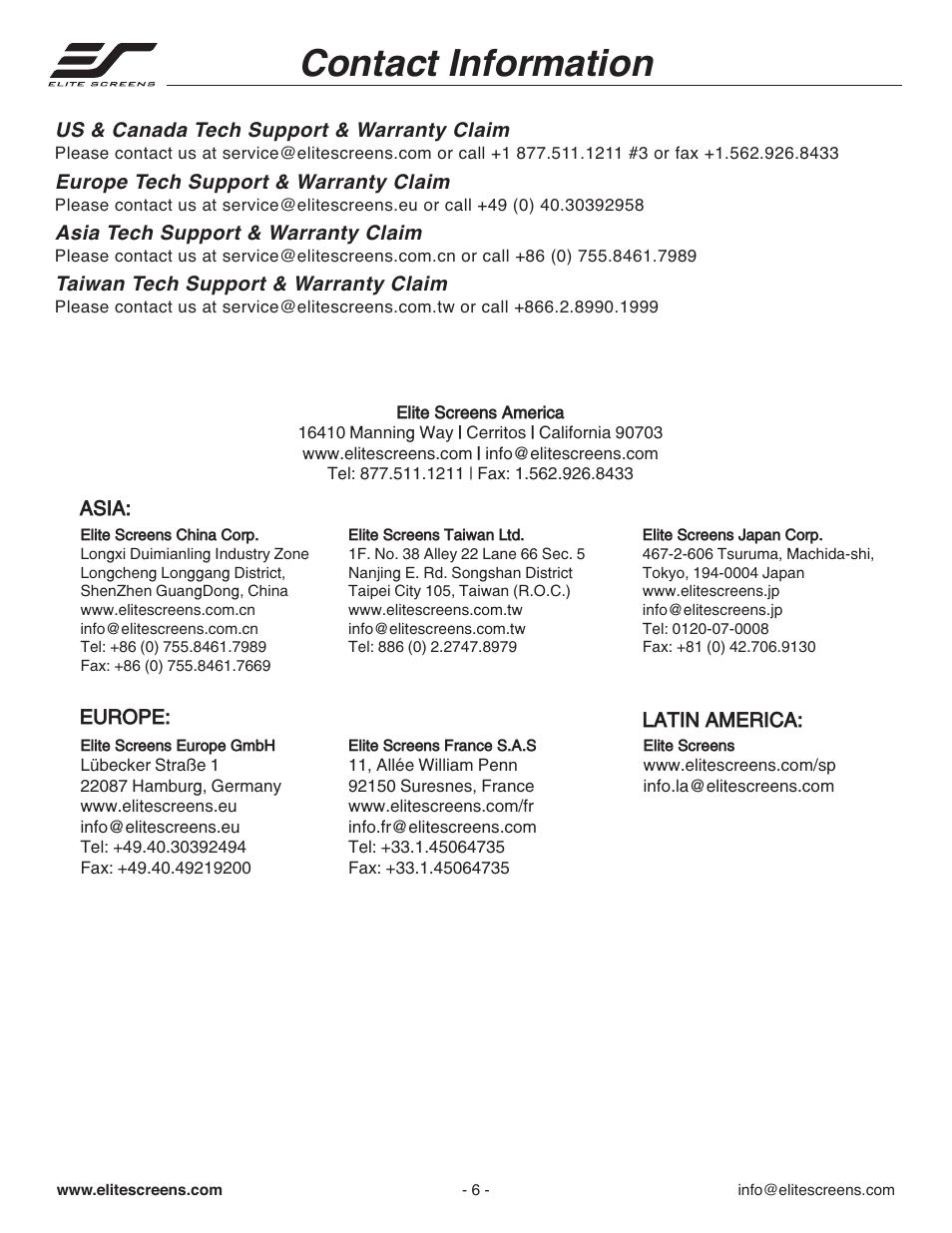 Ug_manual_srm_p06, Contact information | Elite Screens M84NWV-SRM User Manual | Page 6 / 8