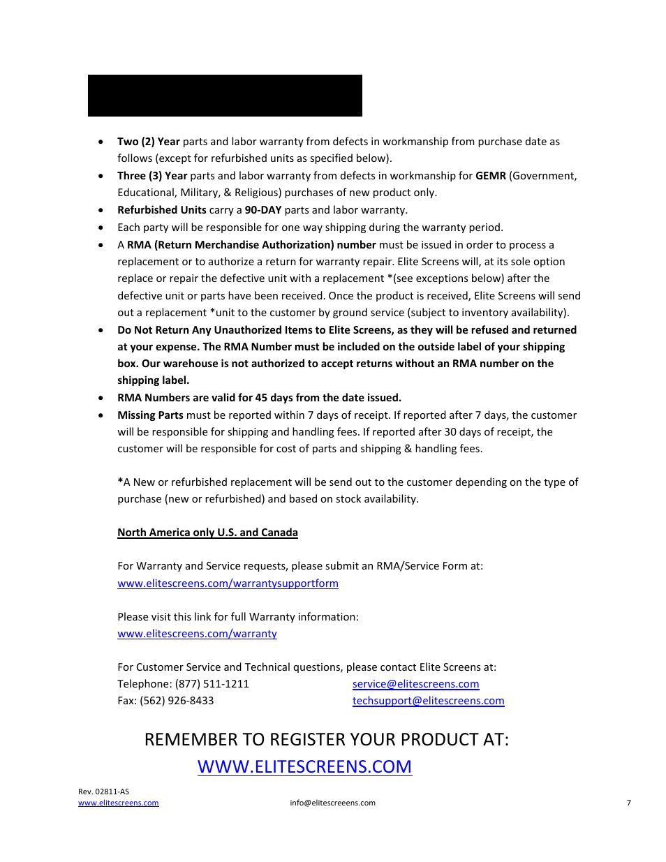 Warranty policy | Elite Screens Universal User Manual | Page 7 / 8