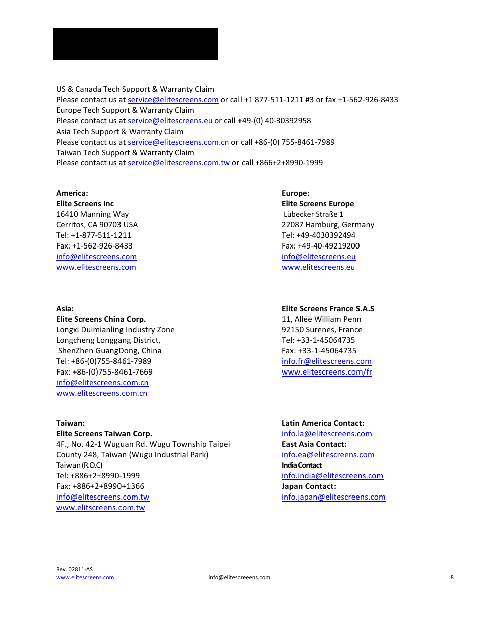 Contact info | Elite Screens Universal User Manual | Page 8 / 8