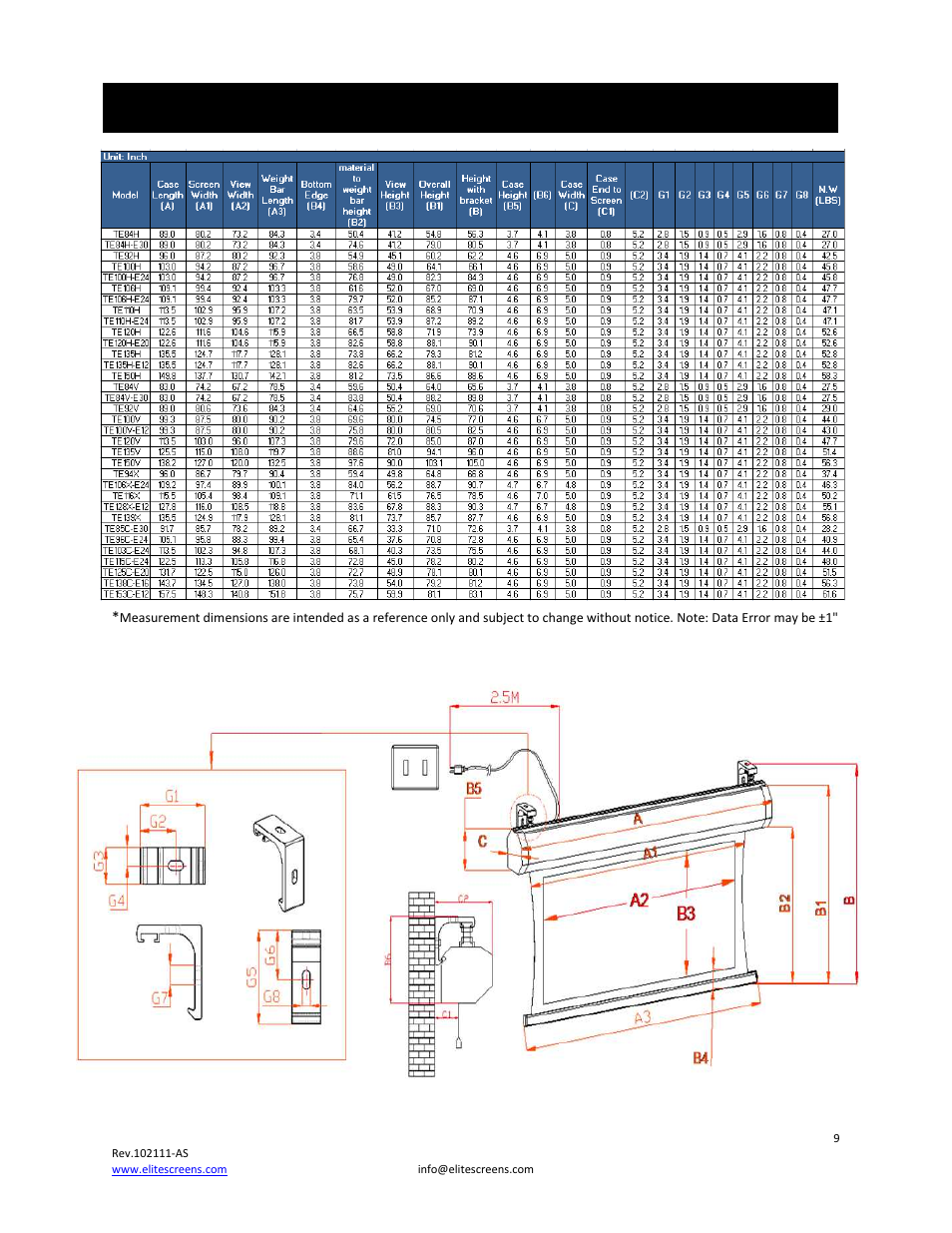 Cinetension 2 dimension table | Elite Screens CineTension 2 User Manual | Page 9 / 11