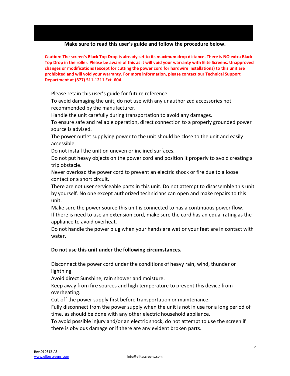 Important safety & warning precautions | Elite Screens VMAX2 User Manual | Page 2 / 10