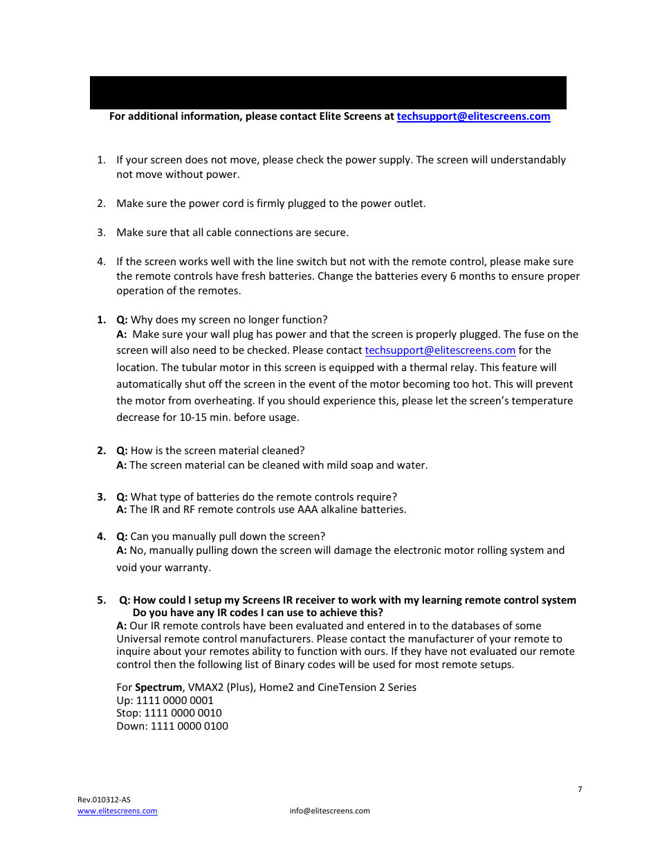 Troubleshooting & faq’s | Elite Screens VMAX2 User Manual | Page 7 / 10