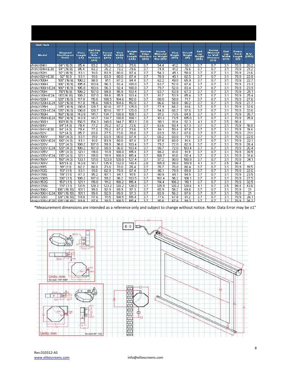 Vmax 2 series dimension table | Elite Screens VMAX2 User Manual | Page 8 / 10