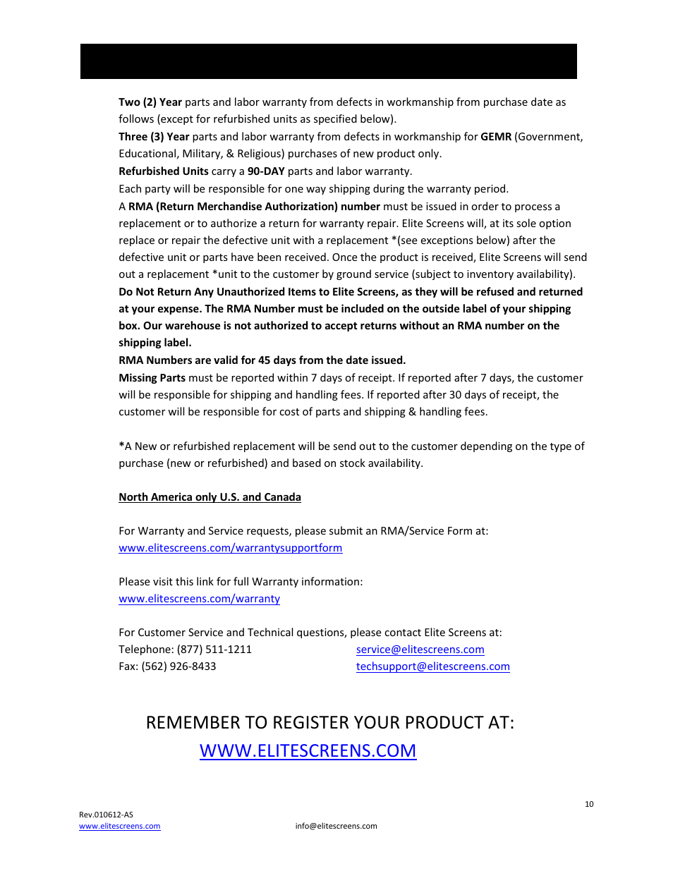 Warranty policy | Elite Screens Osprey Tension User Manual | Page 10 / 11