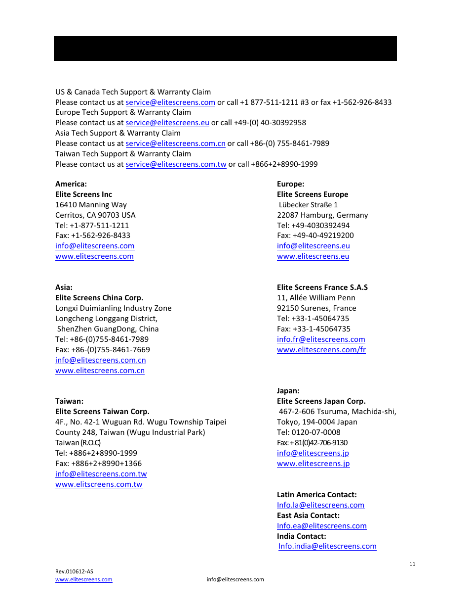 Contact information | Elite Screens Osprey Tension User Manual | Page 11 / 11