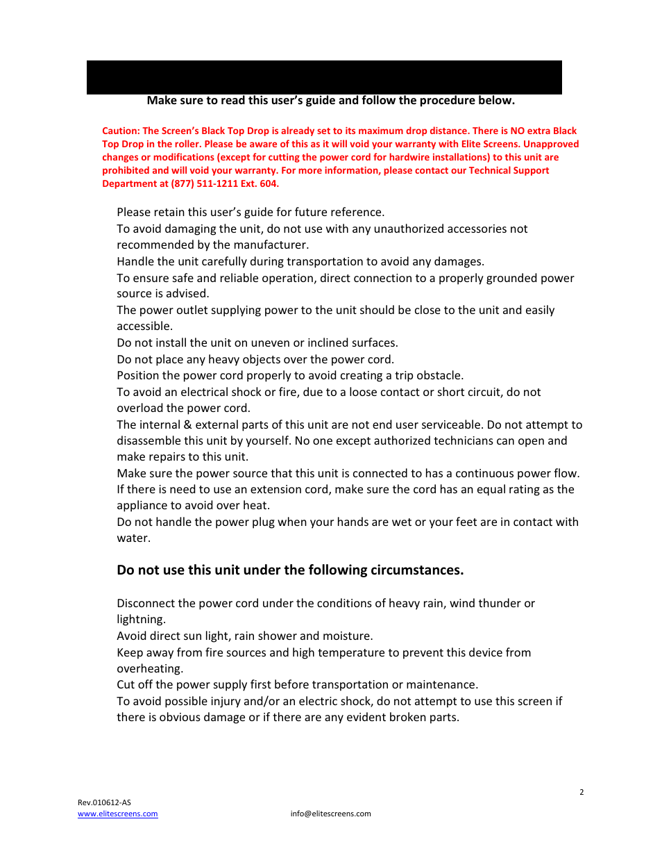 Important safety & warning precautions | Elite Screens Osprey Tension User Manual | Page 2 / 11