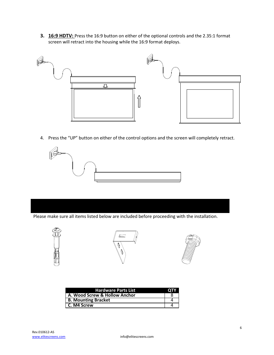 Hardware parts list for osprey tension dual series, Ab c | Elite Screens Osprey Tension User Manual | Page 6 / 11
