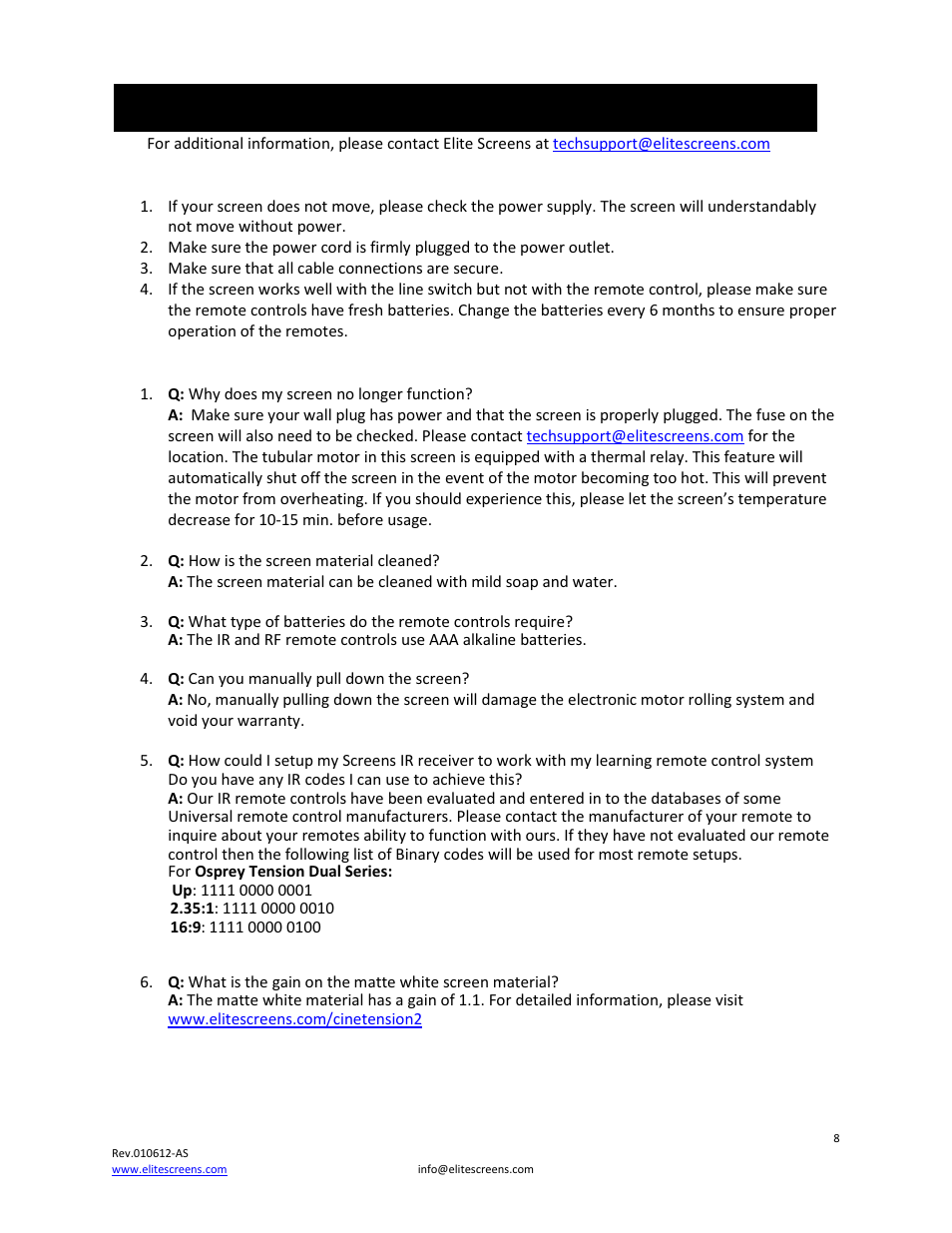 Troubleshooting & faq’s | Elite Screens Osprey Tension User Manual | Page 8 / 11