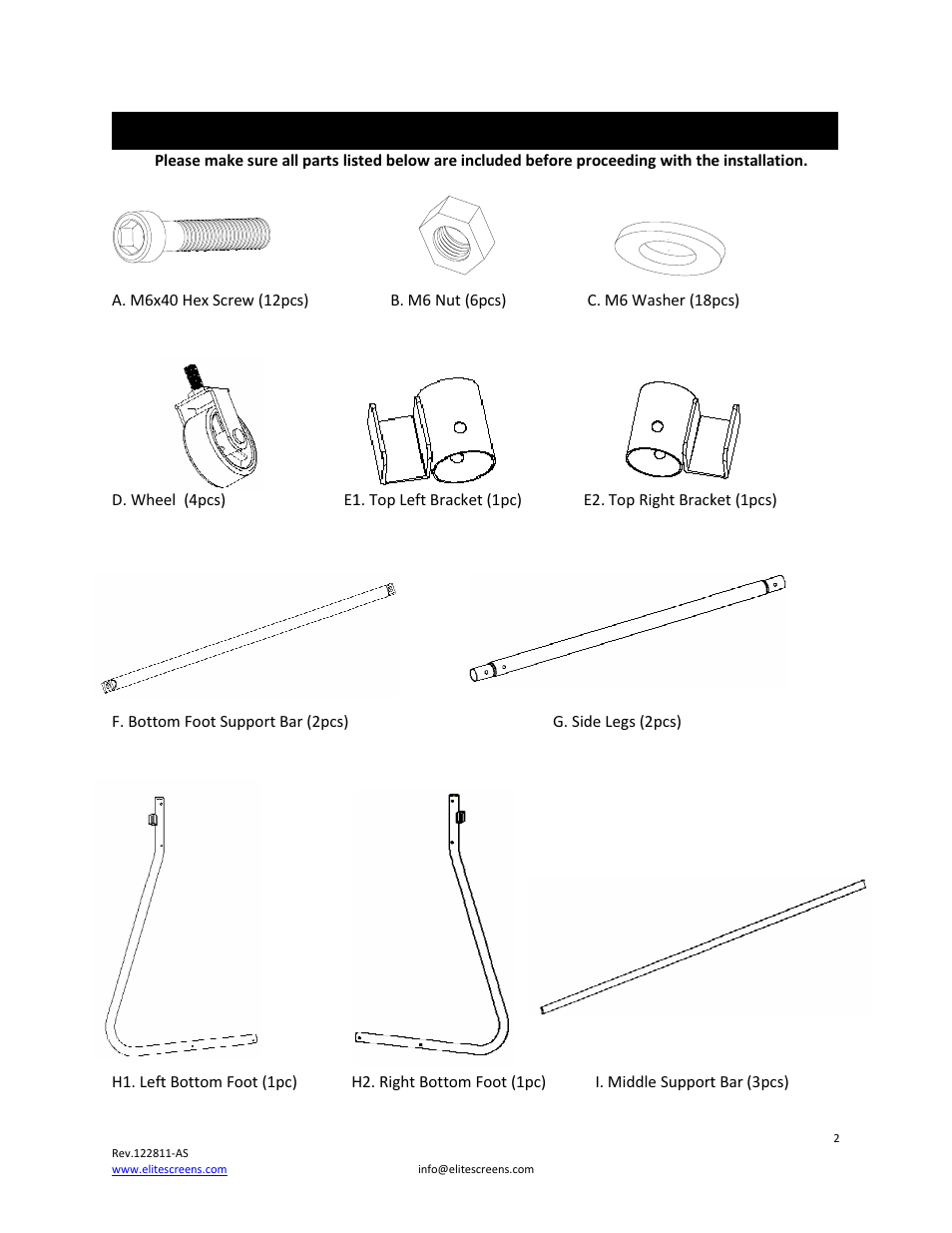 Parts list for portable mobile stand | Elite Screens Portable Mobile Stand User Manual | Page 2 / 8